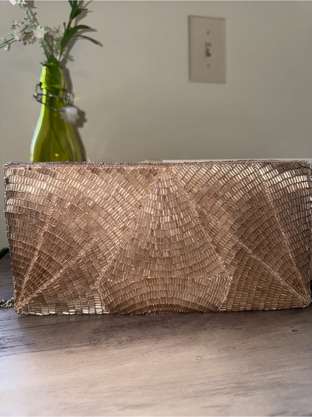 From St Xavier Beaded Scalloped Gold Evening Clutch with Crossbody Chain - Picture 6 of 8
